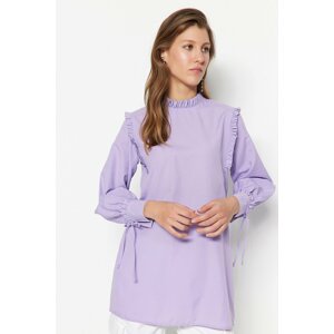 Trendyol Lilac Woven Cotton Tunic with Ruffle Shoulder and Cuff