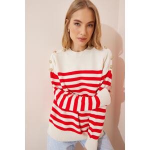 Happiness İstanbul Women's Cream Red Button Detailed Striped Knitwear Sweater