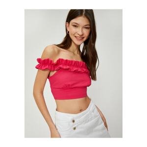 Koton Madonna Neck Blouse Crop Ruffle Textured Viscose Blend