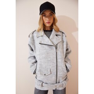 Happiness İstanbul Women's Gray Melange Wool Oversized Thick Biker Coat