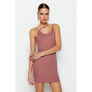 Trendyol Dried Rose Asymmetrical Collar Detail, Fitted Midi, Flexible Knit Dress