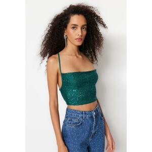 Trendyol Emerald Green Crop Lined Shimmering Sequin Blouse