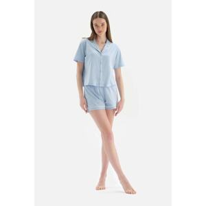 Dagi Light Blue Shirt Collar Knitted Pajamas Set with Print Detail on the Back.