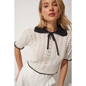 Happiness İstanbul Women's Cream Contrast Colored Openwork Crop Summer Knitwear Blouse