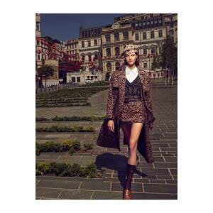 Koton Leopard Patterned Trench Coat Belt Detailed