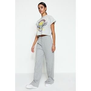 Trendyol Gray Melange Pleat Detailed Relaxed/Comfortable Cut High Waist Knitted Trousers