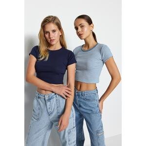 Trendyol Blue Striped-Navy Blue Plain 2 Pack Fitted Crop Corded Knitted Blouse