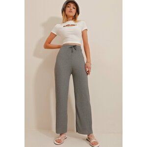 Trend Alaçatı Stili Women's Gray Ribbed Pile Loose Trousers