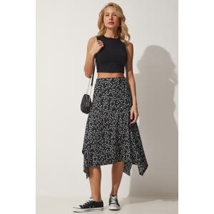 Happiness İstanbul Women's Black and White Floral Asymmetrical Knitted Skirt