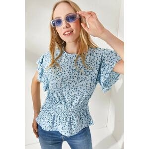 Olalook Women's Floral Baby Blue Elastic Waist Frilly Sleeve Bat Bat Blouse