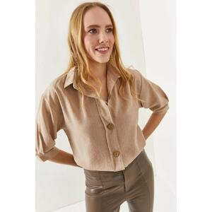 Olalook Women's Three Quarter Quarter Sleeve Linen Shirt with Stone and Wood Buttons