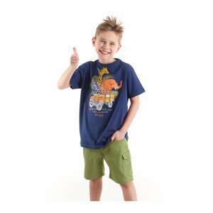 Mushi Safari Boys Kid's Navy Blue T-shirt, Green Gabardine Shorts Set.