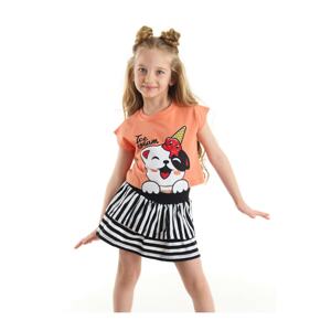 Denokids Upps Cat Girl Girl Child Crop Top T-Shirt Striped Skirt Set