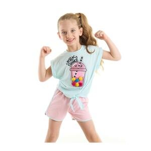 Denokids Sweet Milkshake Girl Child Crop Top Blue T-Shirt Pink Shorts Set
