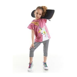 Mushi Unicorn Rock Girl Kid's Pink T-shirt, Striped Leggings Summer Suit.