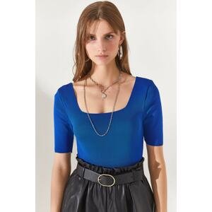 Olalook Women's Saxon Blue Square Collar Above Waist Knitwear Blouse