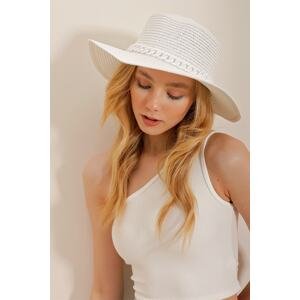Trend Alaçatı Stili Women's White Chain Detail Wide Straw Hat