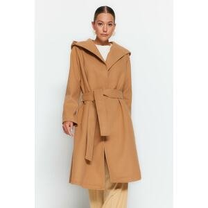 Trendyol Camel Oversize széles szabású, standard méretű kapucnis kabát, öves hosszú bélyegzett kabát