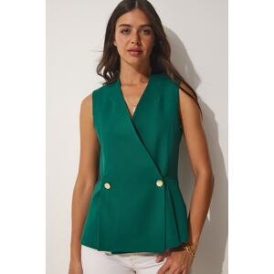 Happiness İstanbul Women's Emerald Green Double Breasted Vest with Buttons Woven