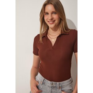 Happiness İstanbul Women's Brown Polo Neck Corduroy Knitted Crop Blouse