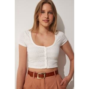 Happiness İstanbul Women's White U-Neck Openwork Crop Knitted Blouse