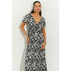 Cool & Sexy női fekete-fehér virágos dupla mellű krepp midi ruha
