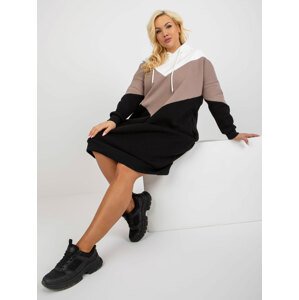 Ecru-black sweatshirt basic plus size dress with hood