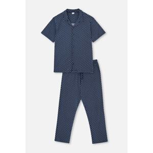 Dagi Navy Blue Shirt Collar Printed Pajamas Set