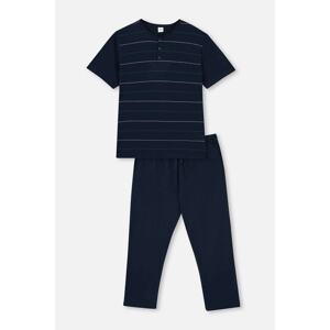 Dagi Navy Blue Half Pop Striped Jacquard Knitted Pajamas Set
