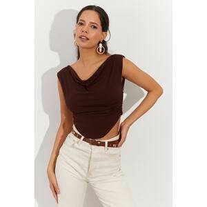 Cool & Sexy Women's Brown Pleated Collar Crop Top with Gatherings B2494
