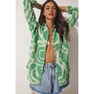 Happiness İstanbul Women's Green Patterned Oversized Linen Viscose Shirt