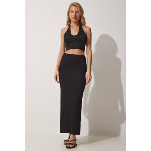 Happiness İstanbul Women's Black Slit Wrap Midi Viscose Knitted Skirt