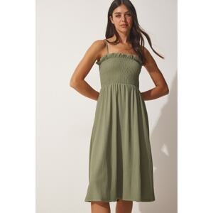 Happiness İstanbul Women's Khaki Straps Frill Detailed Summer Woven Dress