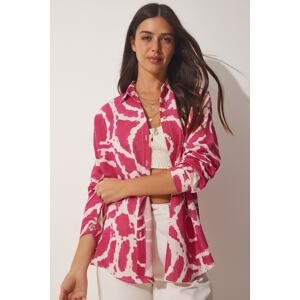 Happiness İstanbul Women's Pink Patterned Oversized Linen Viscose Shirt