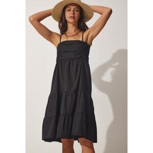 Happiness İstanbul Women's Black Halter, Ruffles Summer Poplin Dress