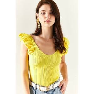 Olalook Women's Yellow Front Back V Shoulder Detailed Knitwear Blouse