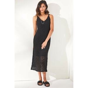 Olalook Women's Black Front Back V Lined Cotton Knitwear Dress