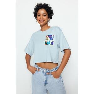 Trendyol Light Blue 100% Cotton Printed Relaxed/Wide Comfy Cut Crop Knitted T-Shirt