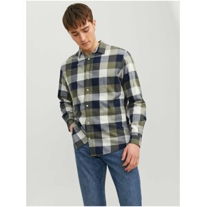 Blue-Khaki Mens Plaid Flannel Shirt Jack & Jones Buff - Men