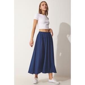 Happiness İstanbul Women's Navy Blue Flared Pocket Linen Skirt