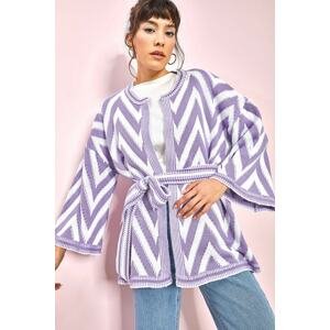 Bianco Lucci Women's Belted Multi-Patterned Knitwear Cardigan