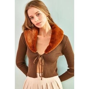 Bianco Lucci Women's Collar Shearling Fur, Tie Knitwear Cardigan