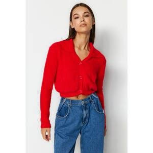 Trendyol Red Super Crop Pile Polo Neck Knitwear Cardigan