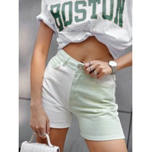 Light green two-tone denim shorts with high waist