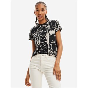 Beige-Black Women's Patterned T-Shirt Desigual Maca 9 - Women