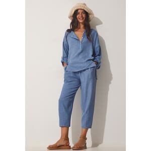 Happiness İstanbul Women's Indigo Blue Flowy Airobin Blouse and Shalwar Pant Suit