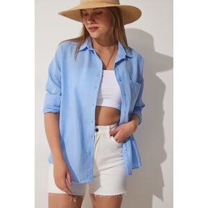 Happiness İstanbul Women's Sky Blue Oversized Linen Airon Shirt