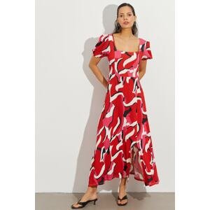Cool & Sexy Women's Coral Square Collar Slit Patterned Midi Dress