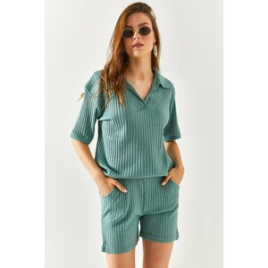 Olalook Women's Mint Green Polo Neck Top with Pockets and Shorts Corduroy Set