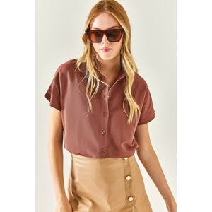 Olalook Women's Brown Bat Oversized Linen Shirt